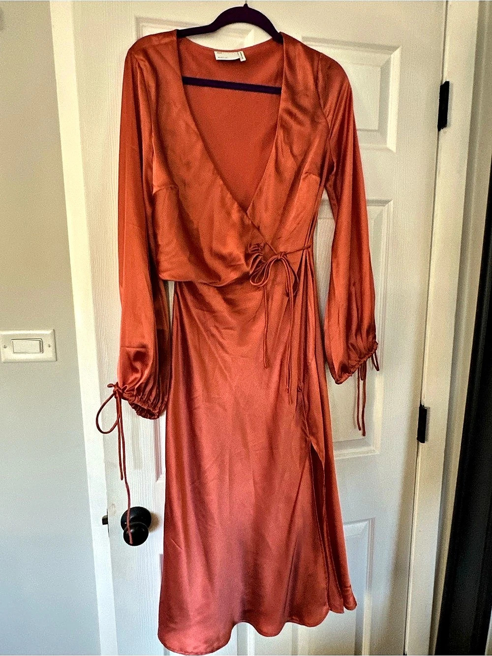 ASOS DESIGN satin wrap long sleeve midi dress with tie detail Size 8